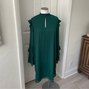 Bobeau dark green peasant style crepe dress NWT